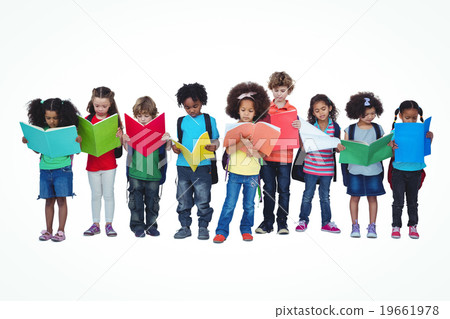 A row of children standing together reading books A row of children standing together reading books 19661978