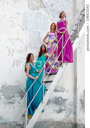 four pretty young girl on stairs four pretty young girl on stairs 19663845