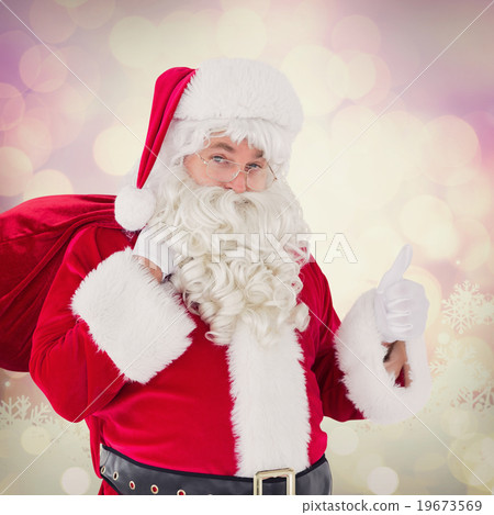 Composite image of santa claus with his sack and thumbs up 19673569