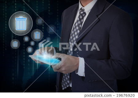 Businessman hand touch bin trashcan icons  19676920