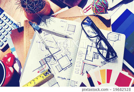 Messy Designer's Table with Sketch and Tools Messy Designer's Table with Sketch and Tools 19682528