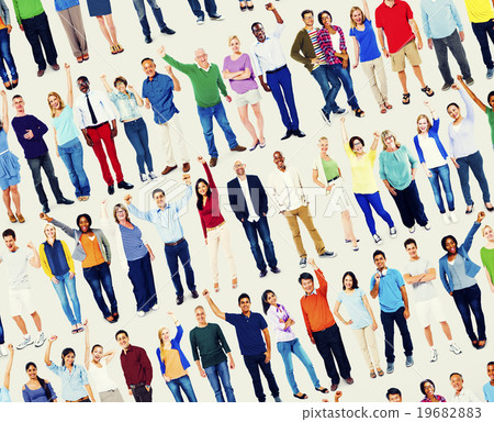 Multiethnic Casual People Togetherness Celebration Arms Raised C 19682883