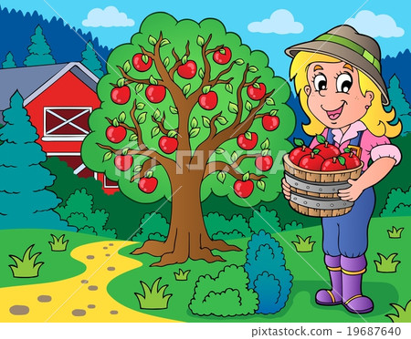 Farm girl with collected apples 19687640