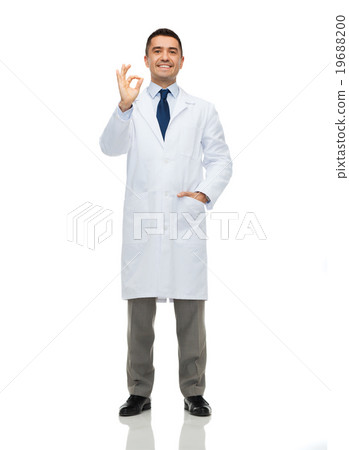 smiling doctor in white coat showing ok hand sign 19688200