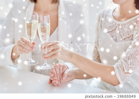 close up of lesbian couple with champagne glasses 19688849