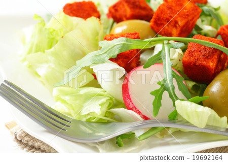 Fresh vegetable salad with diced cheese 19692164