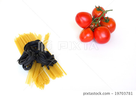Tomatoes and pasta on white background. 19703781