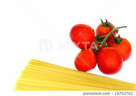 Tomatoes and pasta on white background. 19703782
