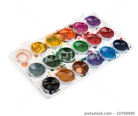 Used watercolor paints in palette isolated on Used watercolor paints in palette isolated on 19709990