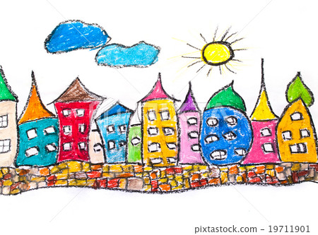 Pastel sketch of colorful town 19711901