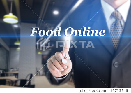 Businessman holding a white label text Food Online 19713546