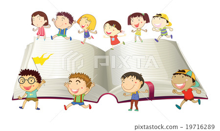 Boys and girls running on book Boys and girls running on book 19716289