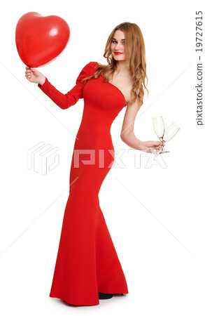 red dressed woman with heart shape balloon and wineglass on white 19727615
