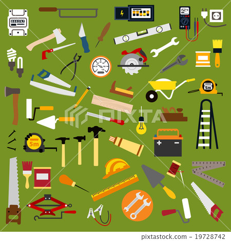 Industrial hand tools and equipment flat icons Industrial hand tools and equipment flat icons 19728742