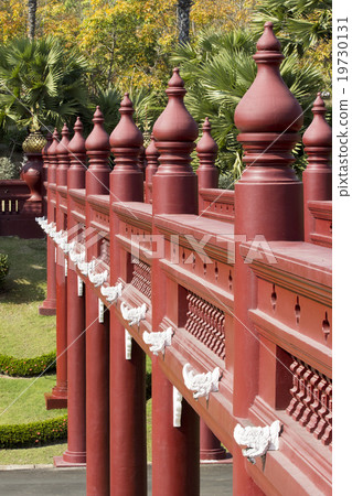 Red wood bridge in the park , Chiangmai Thailand 19730131