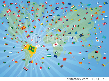 Rio Olympics _ world map and flag confetti _ sky blue Rio Olympics _ world map and flag confetti _ sky blue 19731149