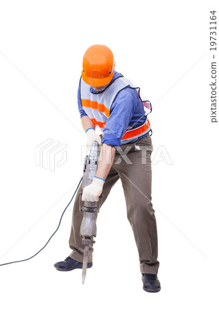 worker with pneumatic hammer drill equipment isolated on white 19731164