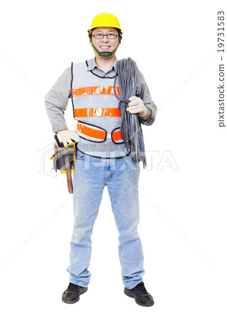 happy worker with electric cable and helmet 19731583