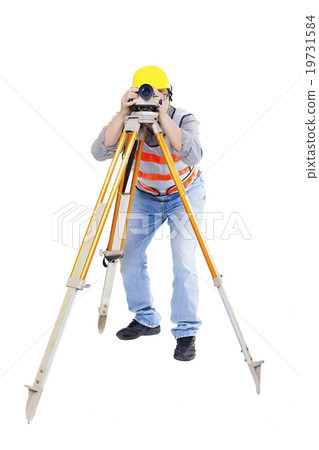 Surveyor worker making measurement and isolated on white Surveyor worker making measurement and isolated on white 19731584