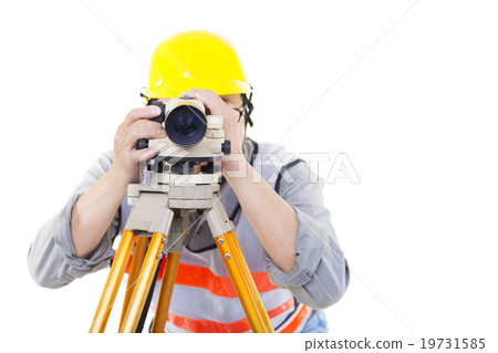 Surveyor worker making measurement and isolated on white Surveyor worker making measurement and isolated on white 19731585