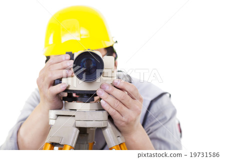 Surveyor worker making measurement  and isolated on white 19731586