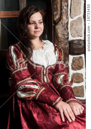 Pretty woman in red dress in retro baroque style Pretty woman in red dress in retro baroque style 19733430