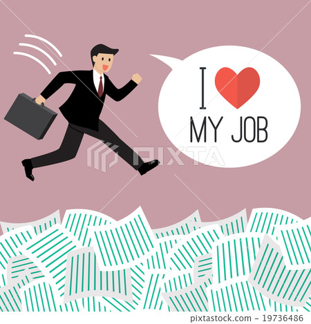 Happy businessman jump into a lot of documents Happy businessman jump into a lot of documents 19736486