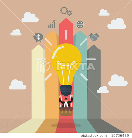 Businessman on lightbulb balloon with bar chart Businessman on lightbulb balloon with bar chart 19736489
