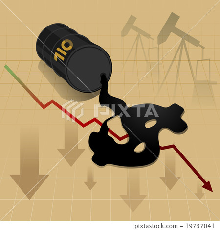 Crude oil price fall down oil rig and down arrow 19737041