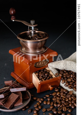 coffee beans in jute bags with coffee grinder coffee beans in jute bags with coffee grinder 19767491