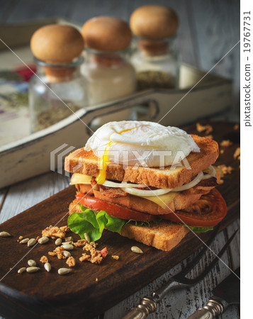 Sandwich with poached egg, tomato, bacon 19767731