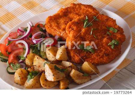 serving of schnitzel, fried potatoes and salad 19773264