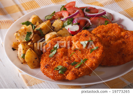 schnitzel, fried potatoes and vegetable salad schnitzel, fried potatoes and vegetable salad 19773265