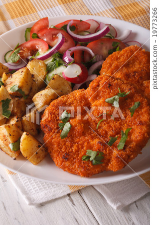 schnitzel, fried potatoes and vegetable salad schnitzel, fried potatoes and vegetable salad 19773266