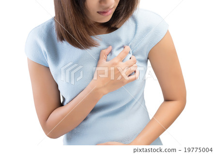Woman is clutching her chest, acute pain possible heart attack 19775004