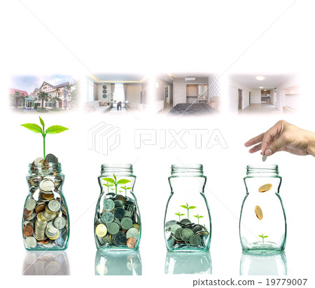 "Hand putting mix coins and seed in clear bottle with step of co "Hand putting mix coins and seed in clear bottle with step of co 19779007