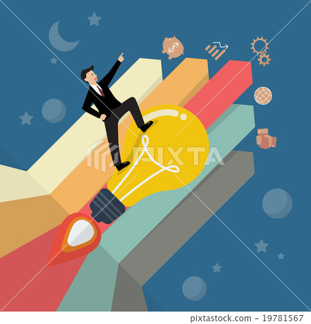 Businessman on a lightbulb rocket with bar chart Businessman on a lightbulb rocket with bar chart 19781567