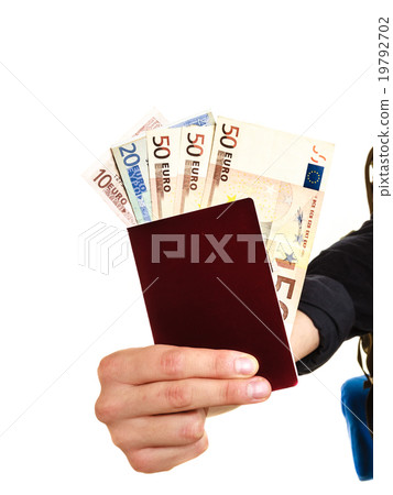 Human tourist holding money and passport. Human tourist holding money and passport. 19792702