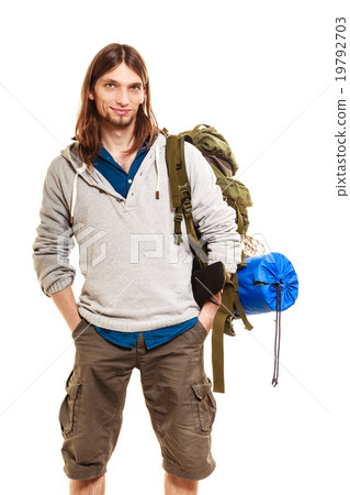 Man tourist backpacker portrait. Summer travel. Man tourist backpacker portrait. Summer travel. 19792703