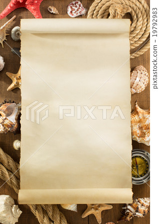 old paper and seashell on wood old paper and seashell on wood 19792983