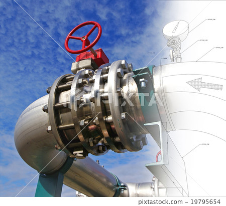 Steel pipelines and valves against blue sky 19795654