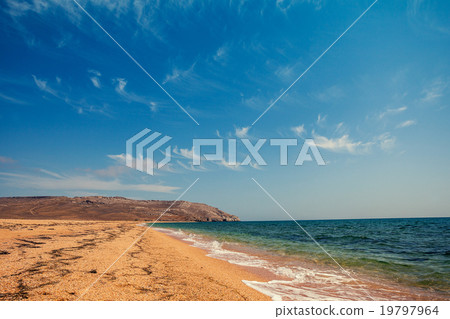 Wild deserted beach with cloudy sky Wild deserted beach with cloudy sky 19797964