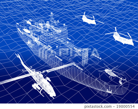 warship with helicopter 3d wire frame on water 19800554