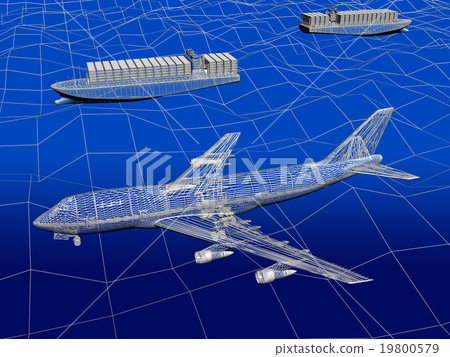 3D wireframe of trnspotation ,airplane with ocean  19800579