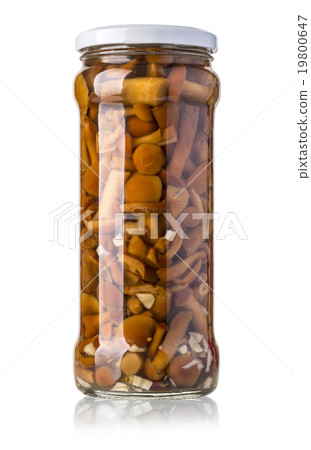 Glass jar of preserved mushrooms Glass jar of preserved mushrooms 19800647