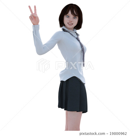 Peace sign female student overhead perming 3DCG illustration material Peace sign female student overhead perming 3DCG illustration material 19800962