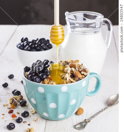 granola with blueberry, mint, honey and milk granola with blueberry, mint, honey and milk 19803547