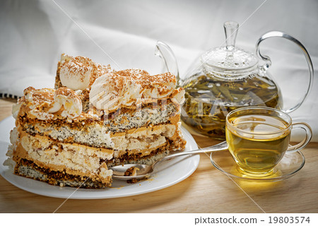 Teapot, cup of tea and delicious cake 19803574