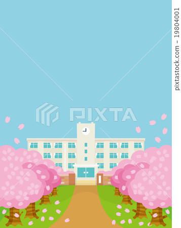櫻花和學校建築的變化在春天垂直A 19804001