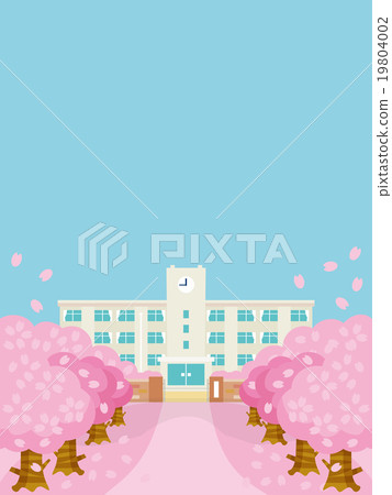 櫻花和學校建築的變化在春天垂直B 19804002